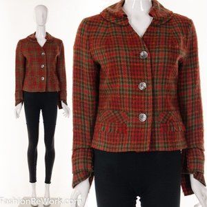 50s RED Plaid Tweed Cropped Jacket Long Sculptural Sleeves Red Plaid Jacke